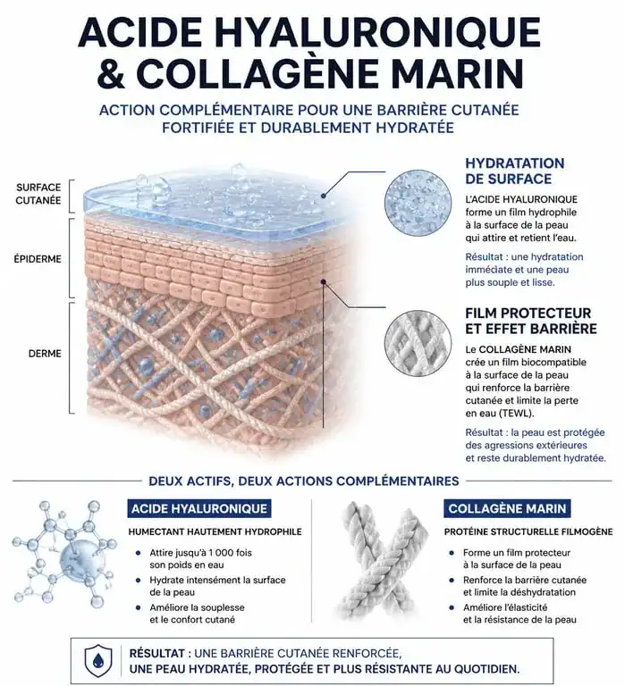 Schéma explicatif de l'action du collagène et de l'acide hyaluronique sur la peau pour les avis My SOS Beauty