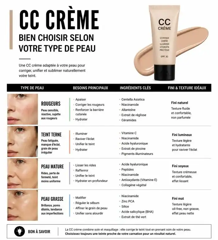 Infographie des critères pour choisir la meilleure CC crème selon son type de peau