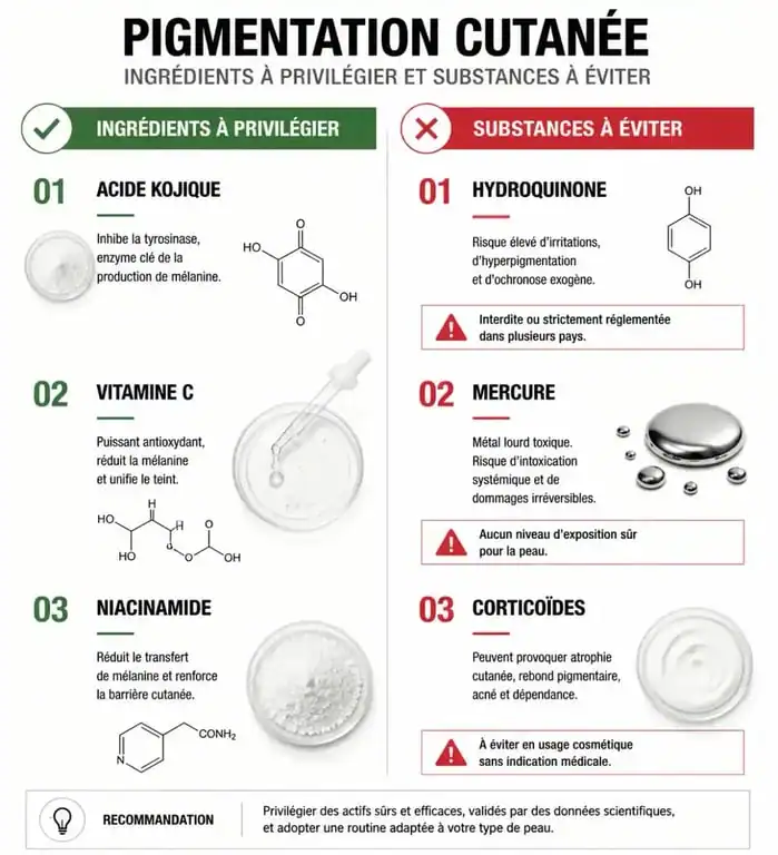 Infographie sur les ingrédients de la meilleure crème éclaircissante pour visage, comparant les actifs sûrs et les substances dangereuses.