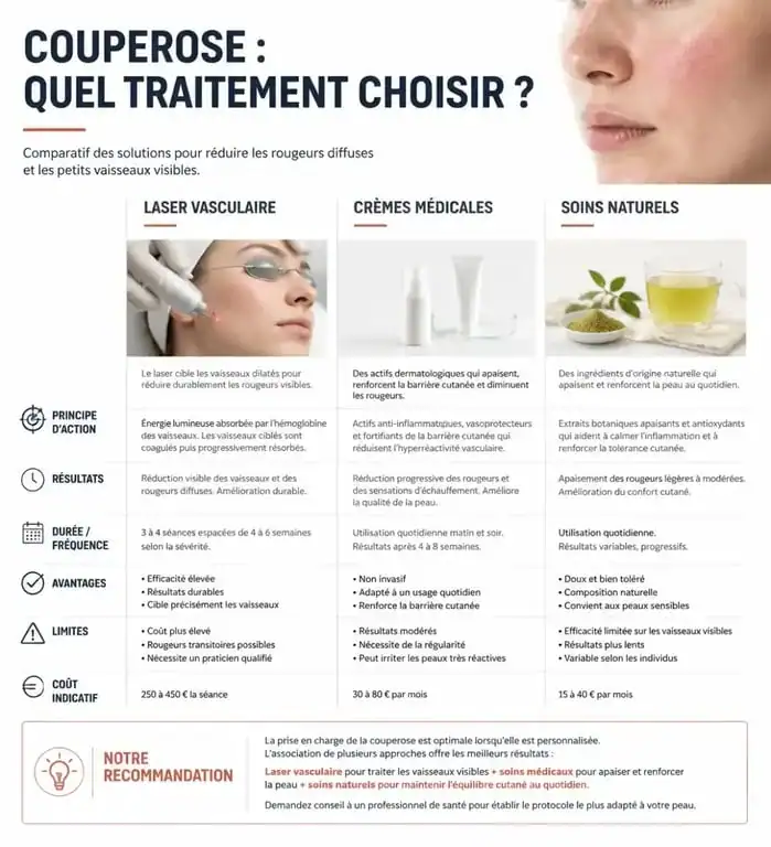Infographie comparative des traitements pour faire disparaître la couperose et les rougeurs du visage