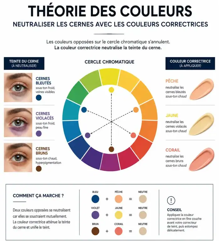 Infographie sur la théorie des couleurs pour choisir le meilleur anti-cernes selon la couleur de ses cernes