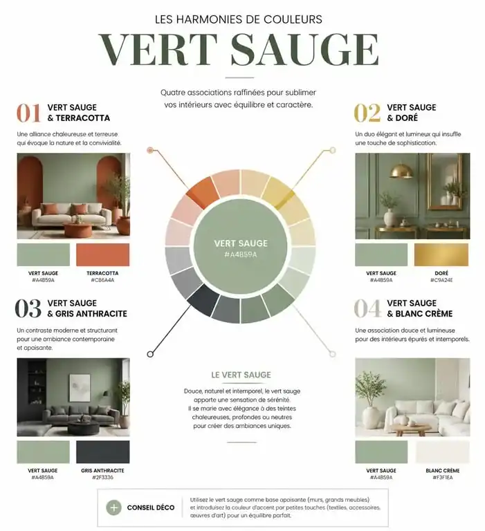 Infographie des harmonies de couleurs pour une décoration murale vert sauge