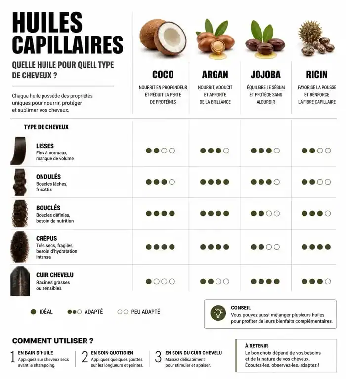 Infographie sur la meilleure huile cheveux selon le type de cheveu et les bienfaits