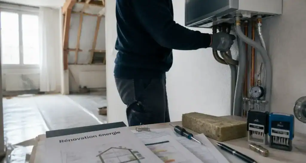 Homélior avis : technicien pose pompe à chaleur, suivi client et chantier