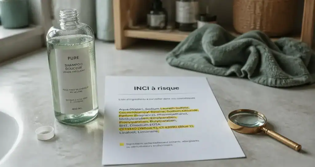 Marque de shampoing à éviter : INCI à risque listé sur une fiche en salle de bain