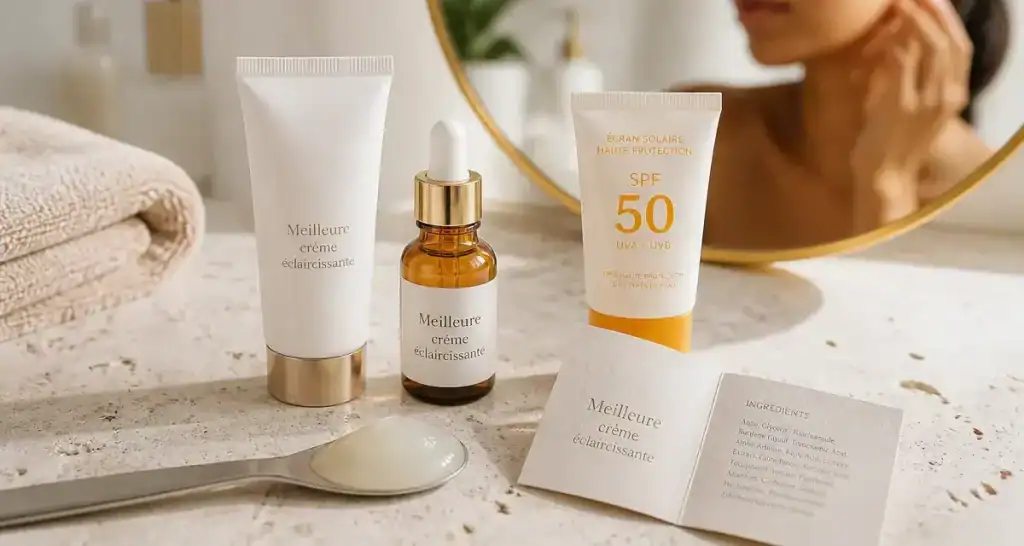 Meilleur crème éclaircissante pour visage : crème translucide sur spatule, SPF 50