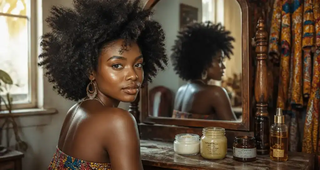 produits afro cheveux femme afro devant miroir