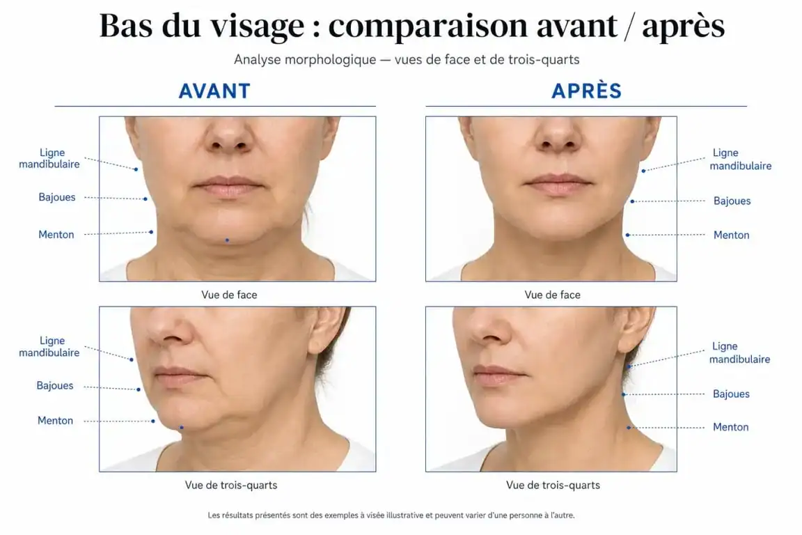 Ovale du visage avant après : comparaison éditoriale du bas du visage avec ligne mandibulaire et menton mieux définis