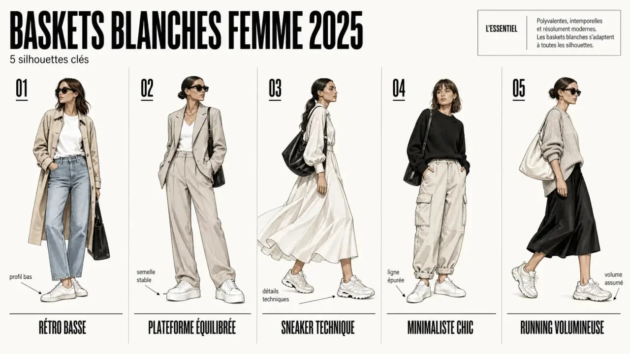 Basket blanche femme tendance 2025 : silhouettes de styles de sneakers et idées de tenues pour 2025