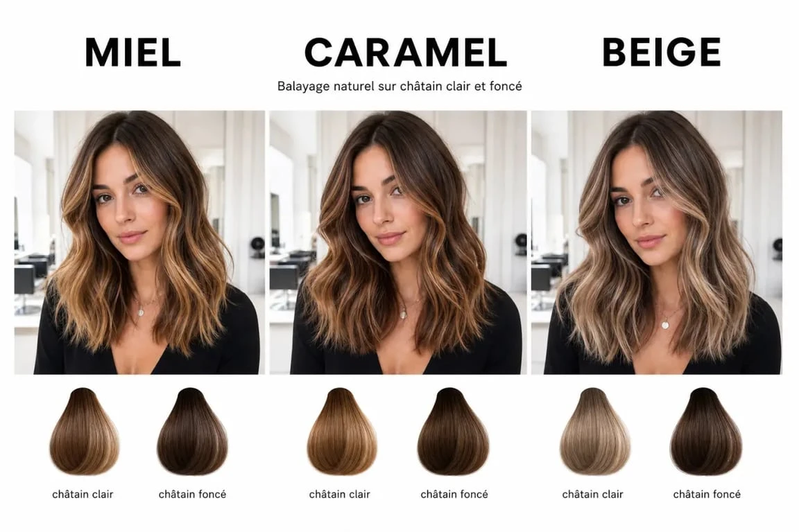Balayage pour cheveux chatain avec reflets miel et caramel en comparaison avant/après