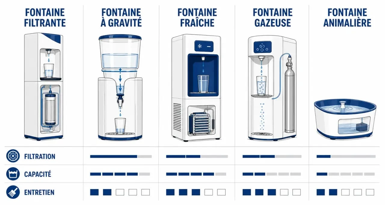 Quelle fontaine à eau choisir : comparaison visuelle des types de fontaines et des critères clés