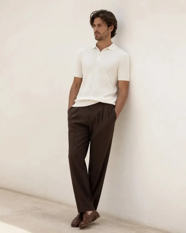 Tendance mode homme 2026 : look preppy relâché avec polo en maille et pantalon ample