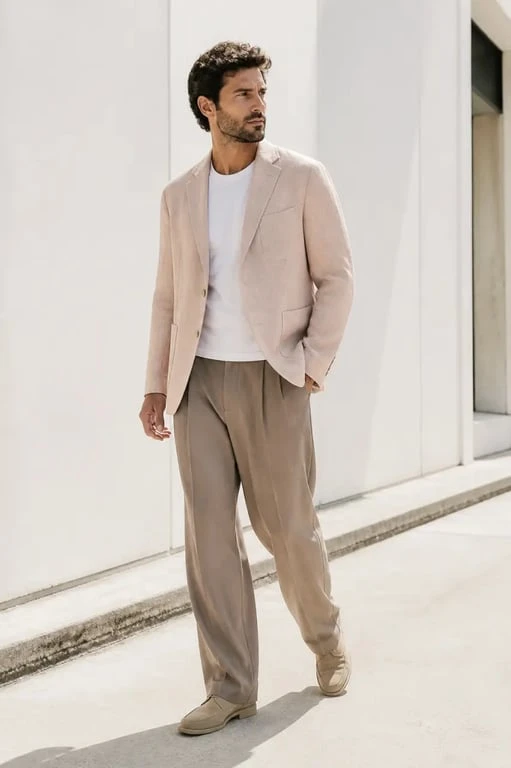 Tendance mode homme 2026 : homme en blazer en lin et pantalon ample dans un look urbain éditorial