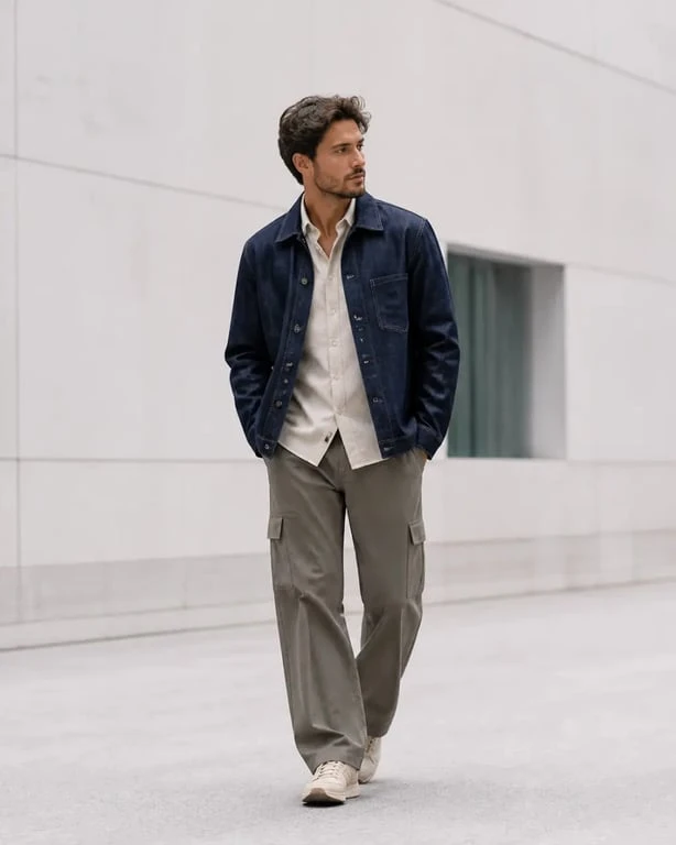 Tendance mode homme 2026 : look workwear urbain avec veste en denim et pantalon cargo fluide