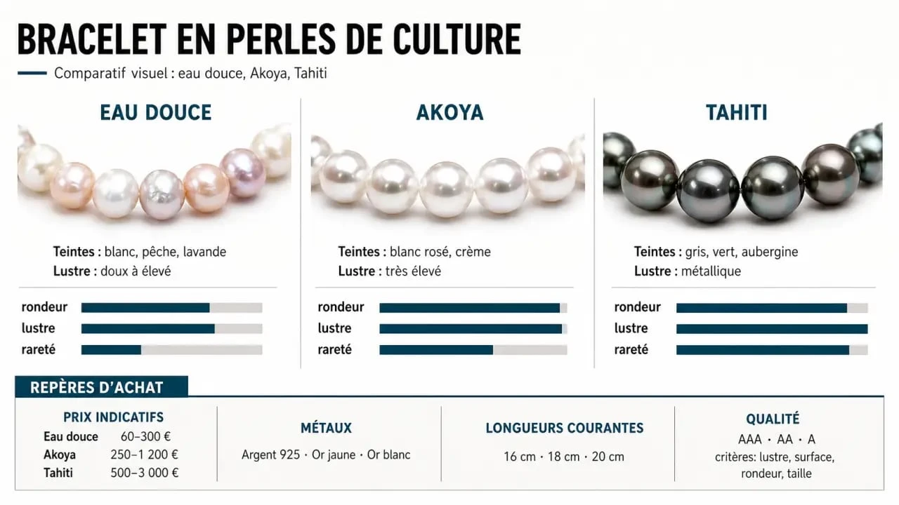 Comparatif du bracelet en perle de culture avec types de perles, prix et métaux