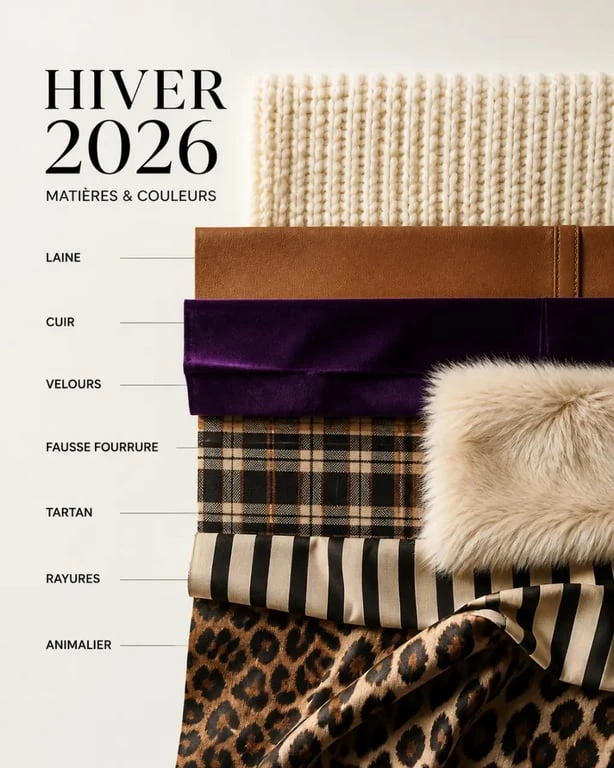 Tendance mode hiver 2026 femme : matières et imprimés comme la laine, le cuir et le tartan