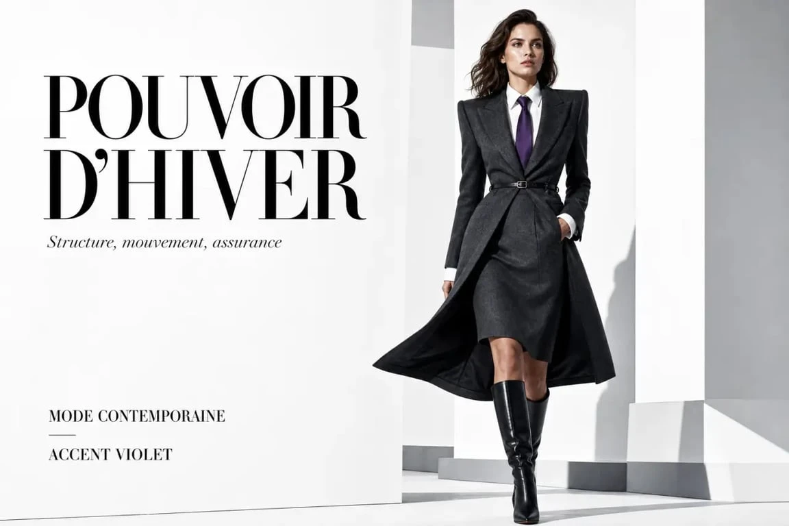 Tendance mode hiver 2026 femme en power dressing avec veste épaulée et jupe au genou