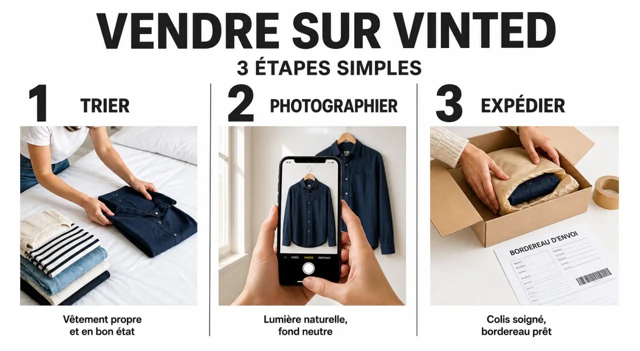 Vendre ses vêtements d'occasion sur Vinted, illustration des étapes pour préparer, photographier et expédier une annonce
