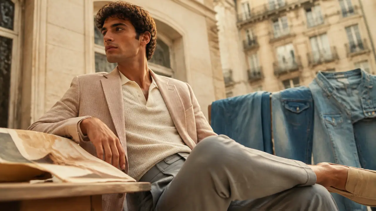 Tendance mode homme 2026 : blazer en lin beige rosé et pantalon fluide gris argile