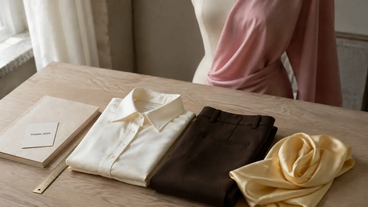 Couleur tendance mode printemps-été 2026 : chemise blanc cassé, pantalon chocolat, foulard jaune beurre, rose dragée