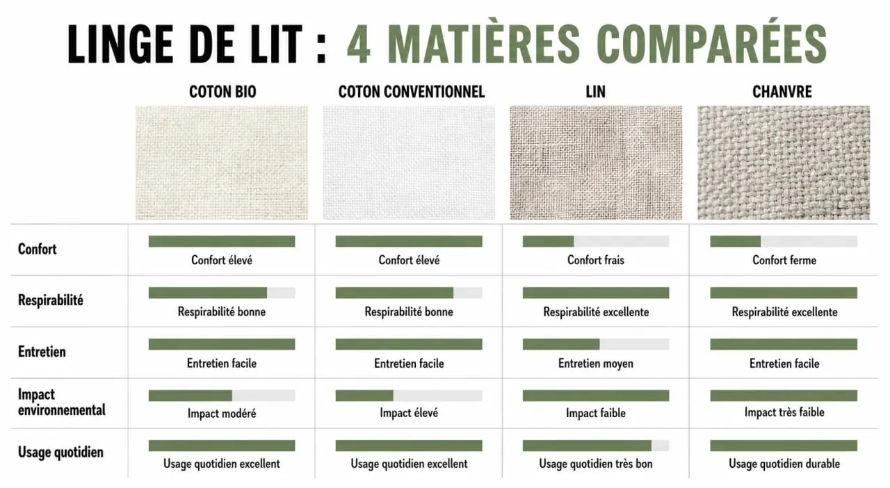 Comparaison du linge de lit coton bio avec le coton conventionnel, le lin et le chanvre