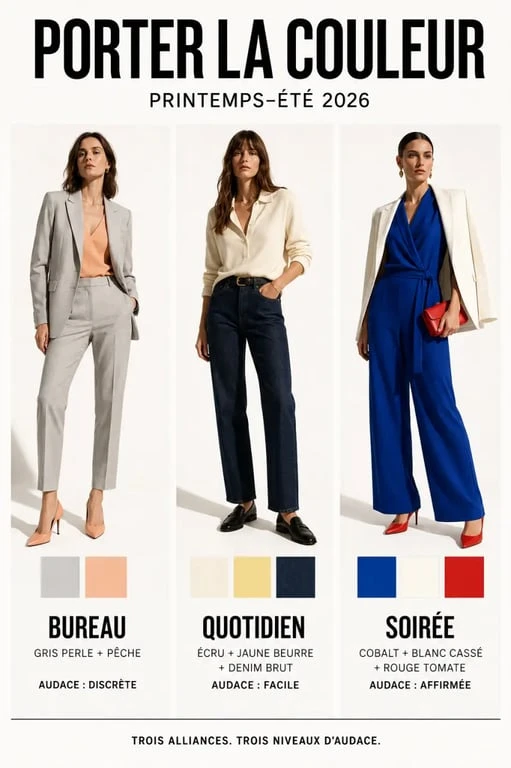 Exemples de looks avec les couleurs tendance mode printemps-été 2026 au bureau, au quotidien et en soirée