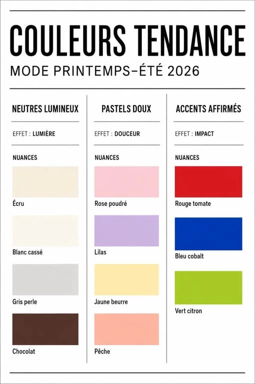 Infographie de la couleur tendance mode printemps-été 2026 avec neutres, pastels et teintes vives