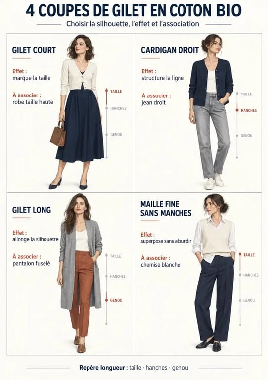 Infographie des coupes de gilet coton bio femme et de leurs associations vestimentaires