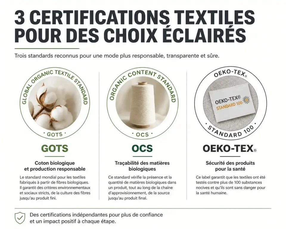 Labels de certification pour un sweat en coton bio : GOTS, OCS et Oeko-Tex