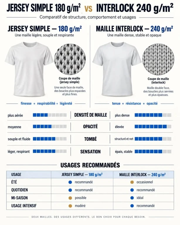 T-shirt coton bio : comparaison visuelle entre 180 g/m² et 240 g selon l’usage