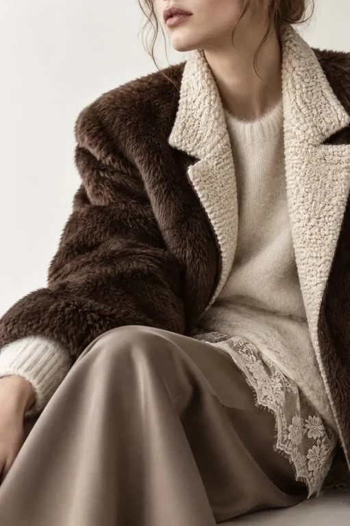 Tendance mode hiver 2025 entre fausse fourrure, maille, satin et dentelle