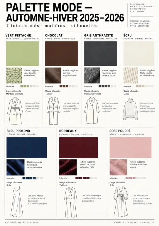 Tendance mode hiver 2025 avec palette vert pistache, chocolat, écru et bordeaux