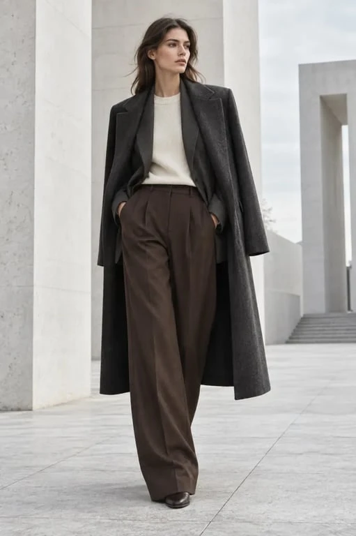 Tendance mode hiver 2025 avec blazer souple, pantalon ample et manteau structuré