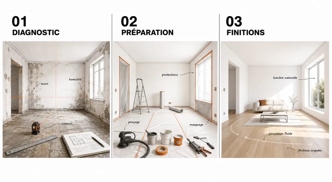 Comment réussir la rénovation complète de votre salon : salon en rénovation, préparation des travaux et finition moderne