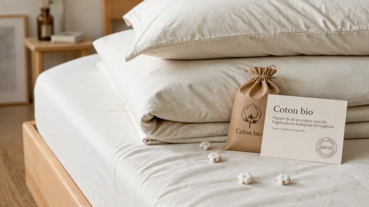 Linge de lit coton bio, drap-housse et taies certifiées GOTS sur lit bois clair
