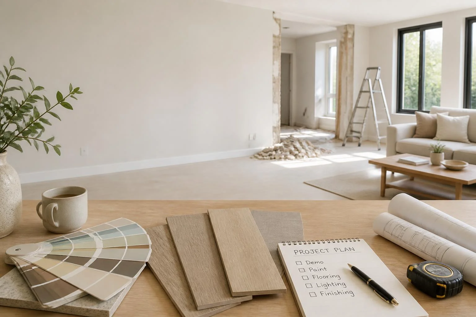 Rénovation complète du salon : ordre, matériaux, finitions