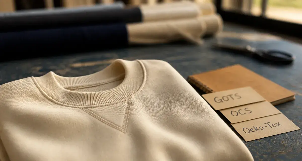 Sweat coton bio : grammage et certifications (GOTS, OCS, Oeko-Tex) sur coton biologique