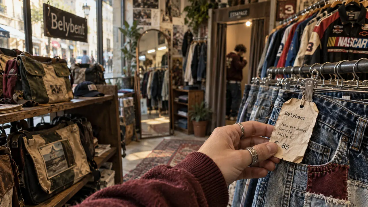 Vitrine belybent friperie vintage montpellier, jeans et vestes streetwear, étiquette prix