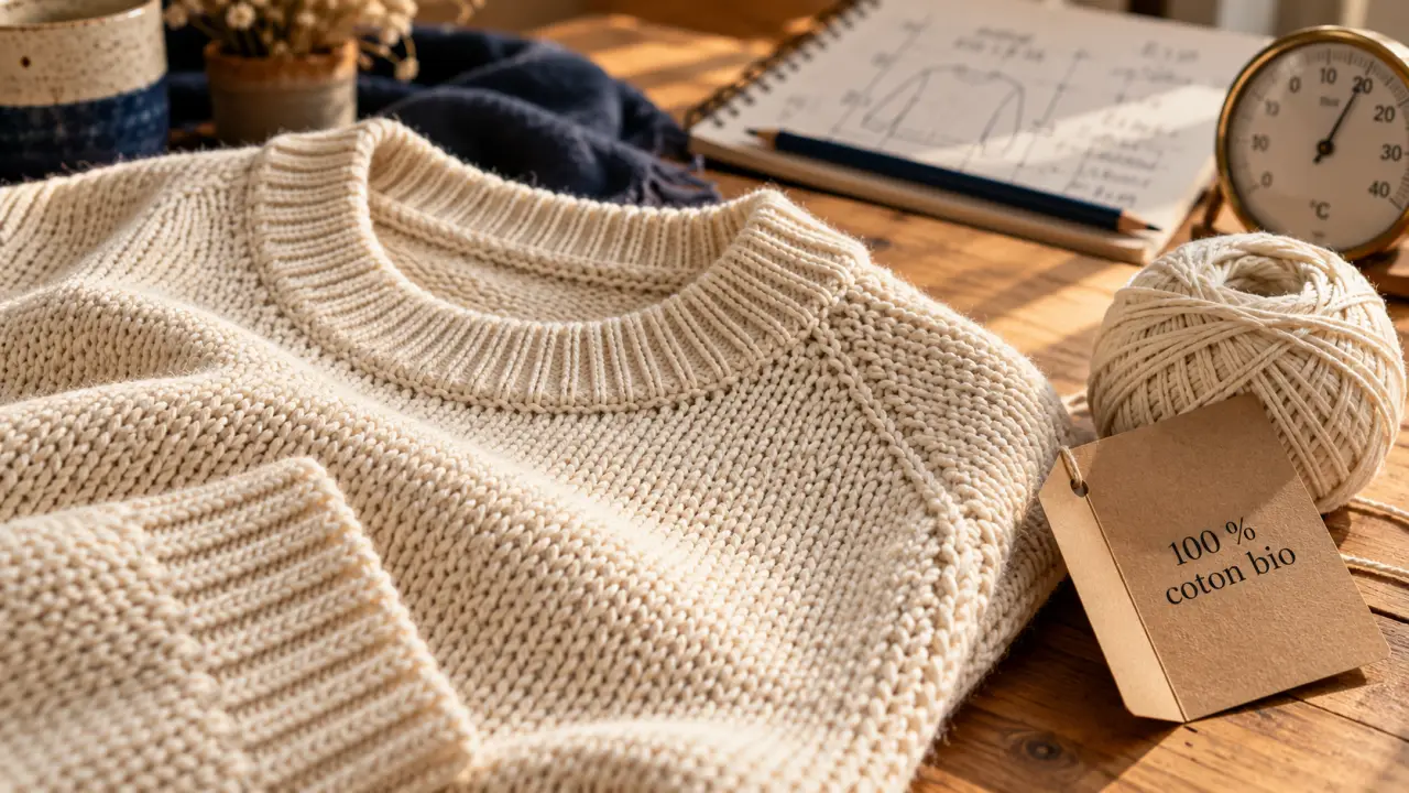Pull coton bio femme : maille mi-saison et labels, coton bio 100 %